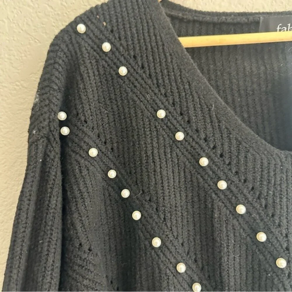 fab'rik Black V-Neck Sweater with Studded Embellishments nwt size Large